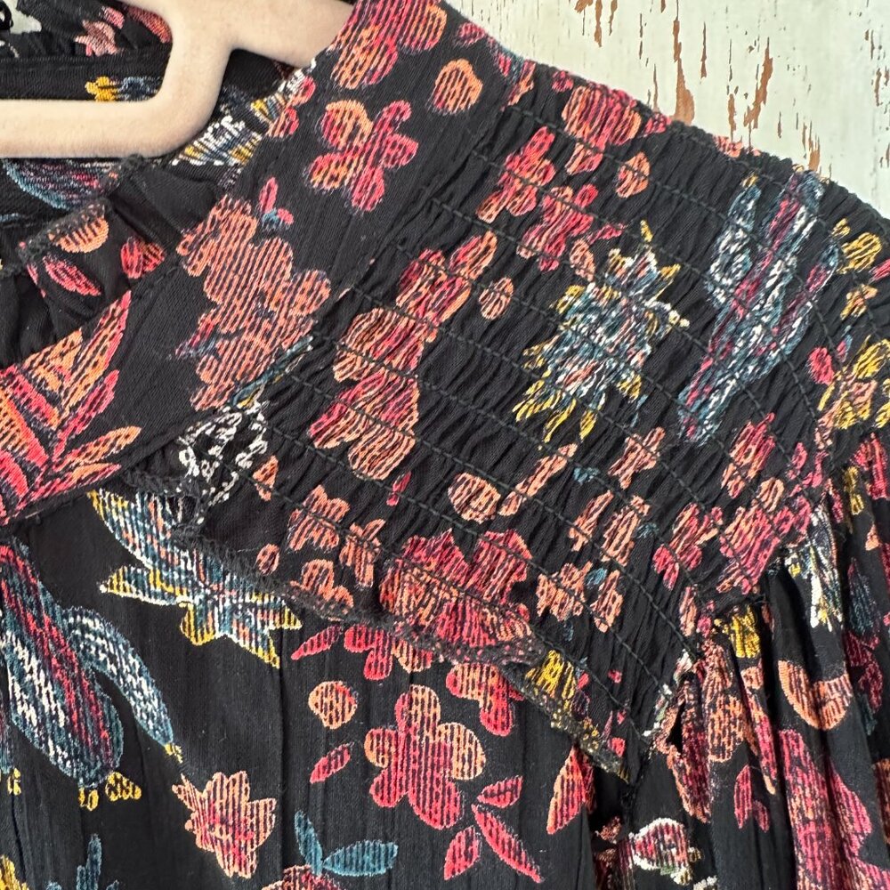Angie Black Floral Tie-Neck Blouse with Pink and Gold Blooms - Picture 6 of 7